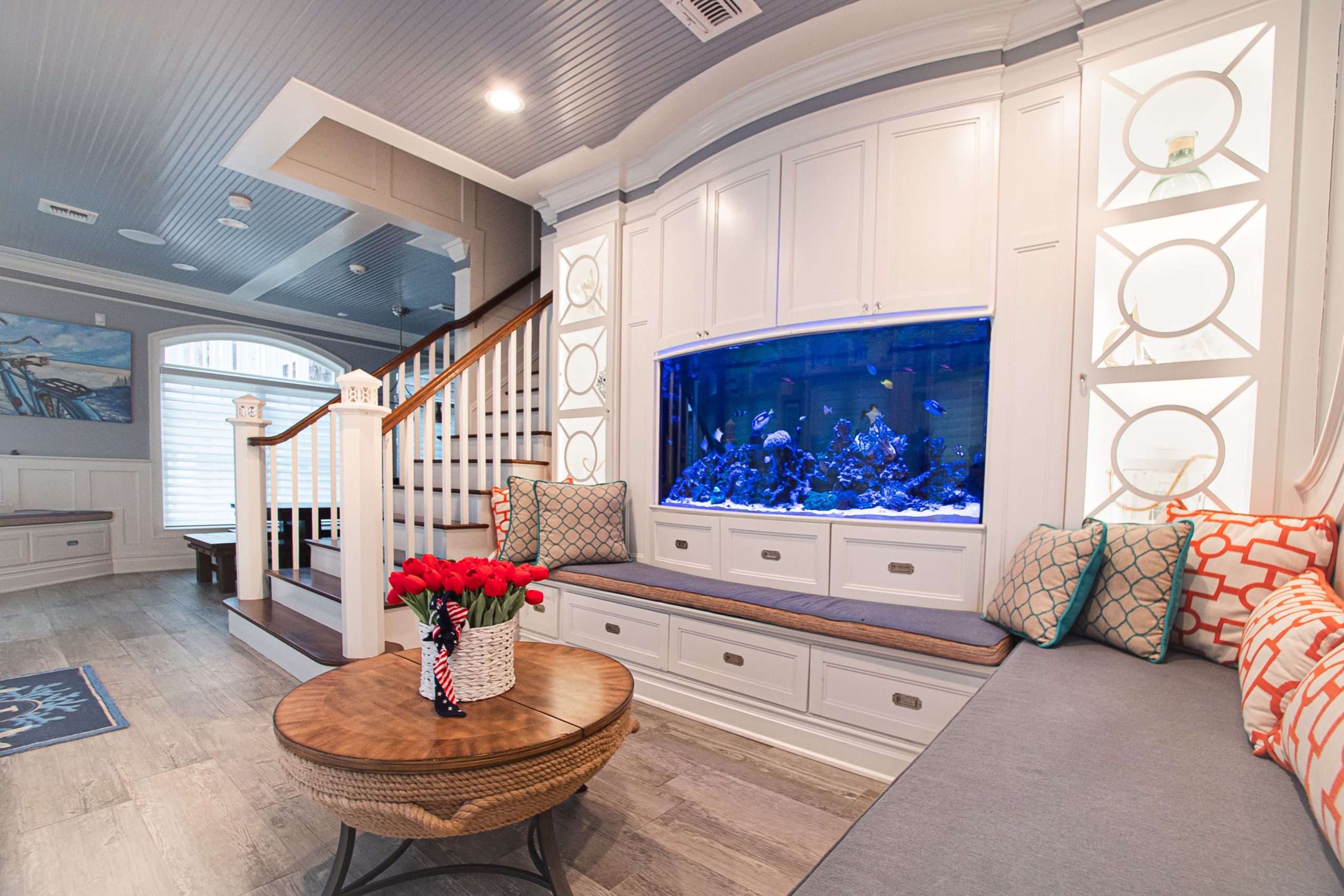 Custom bathroom aquarium viewed from adjacent sitting room in Manasquan NJ beach home