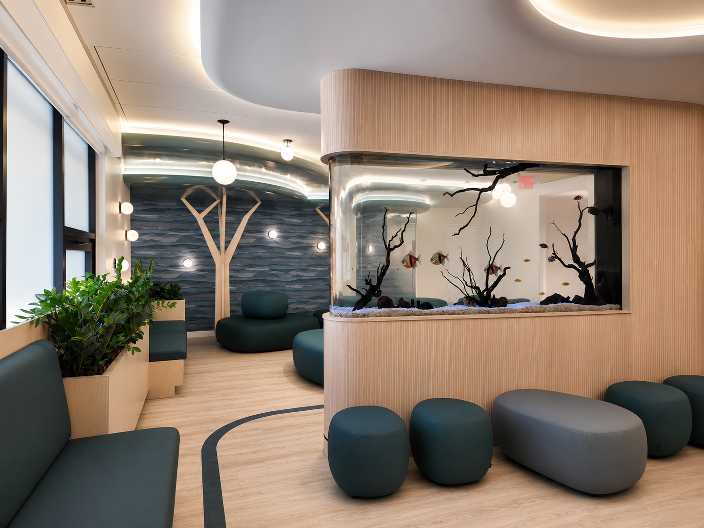 Custom bullnose freshwater aquarium installed in a Williamsburg Brooklyn medical facility waiting room.