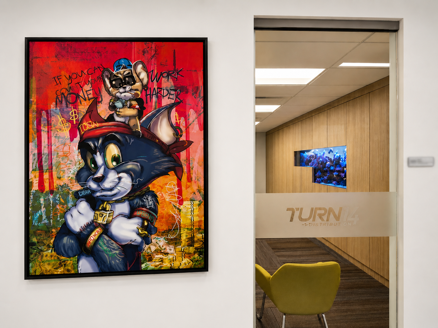 Custom reef aquarium integrated into executive office wall system in Pennsylvania